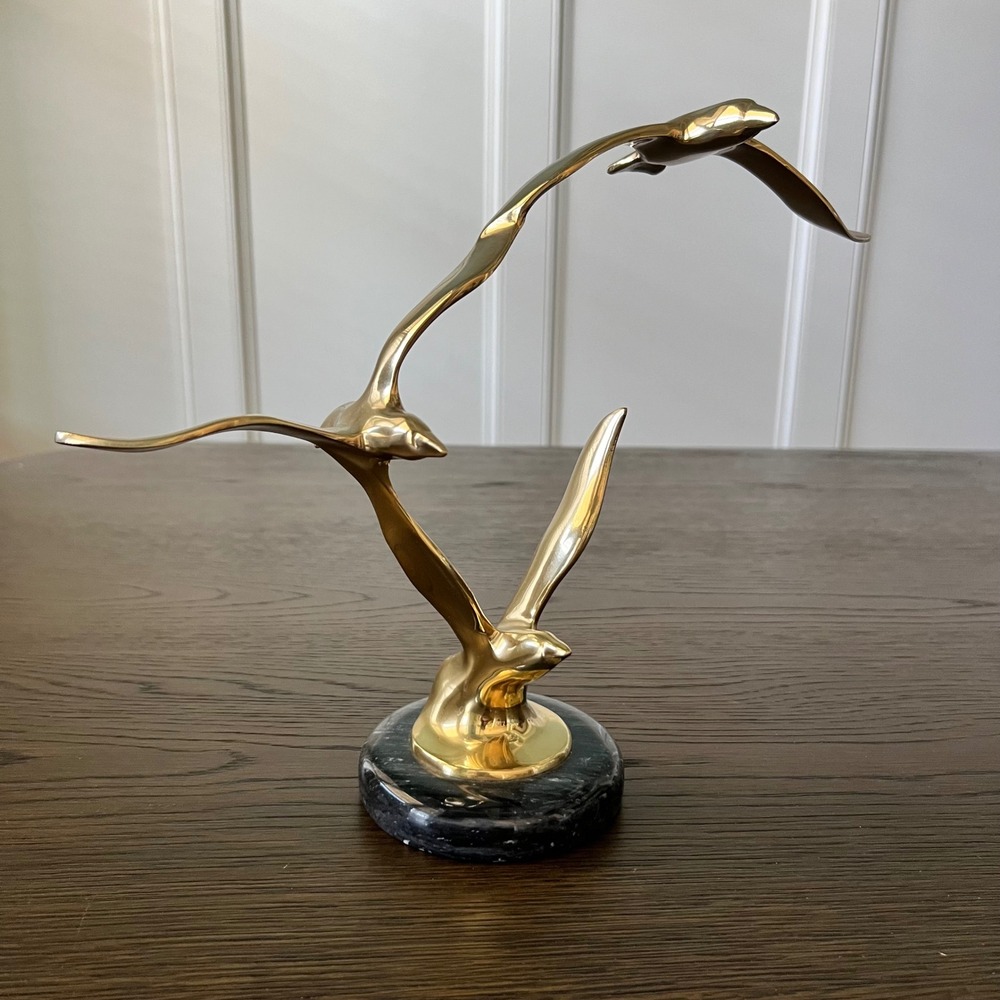 Vintage San Pacific Brass Seagulls Sculpture Marble Base Coastal MCM Decor